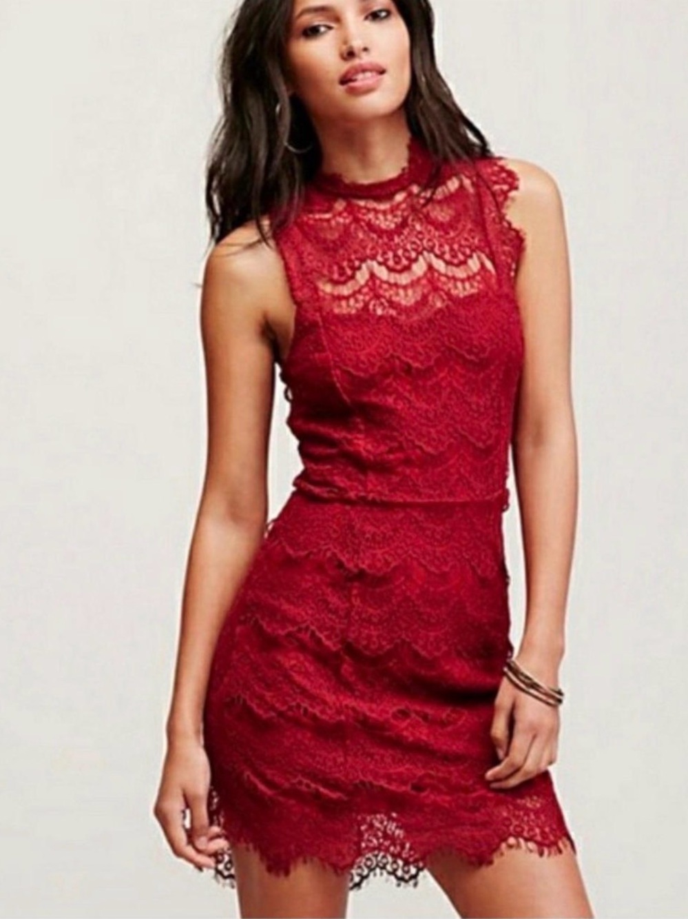 Free People Lace High-Neck Mini Dress in Red